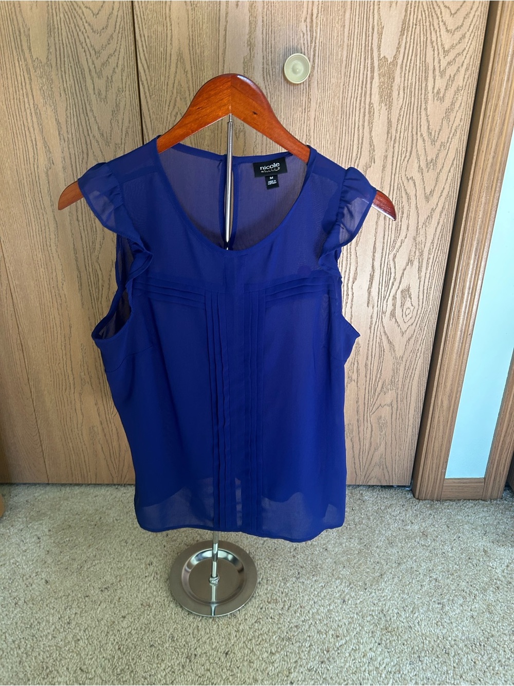 Nicole by Nicole Miller Cobalt Blue Sheer Pintuck Ruffle Sleeve Blouse